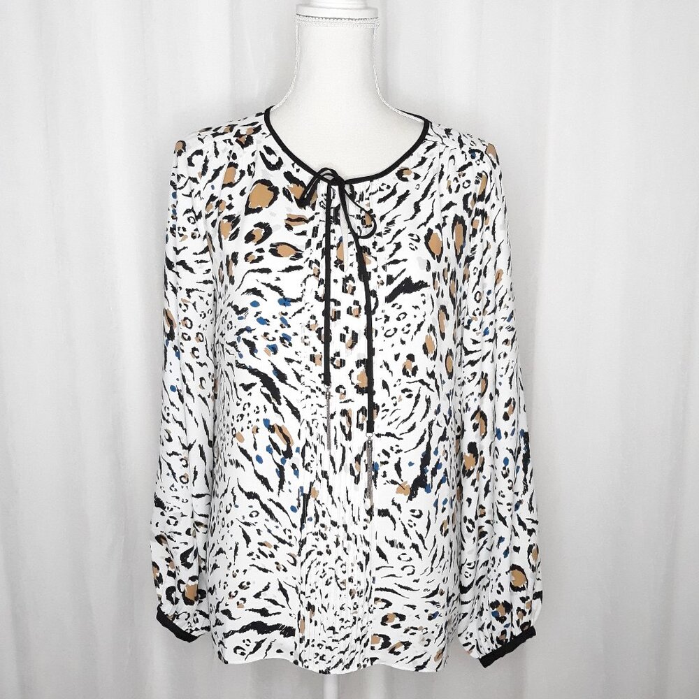 White House Black Market Animal Print Tassel Tie Blouse